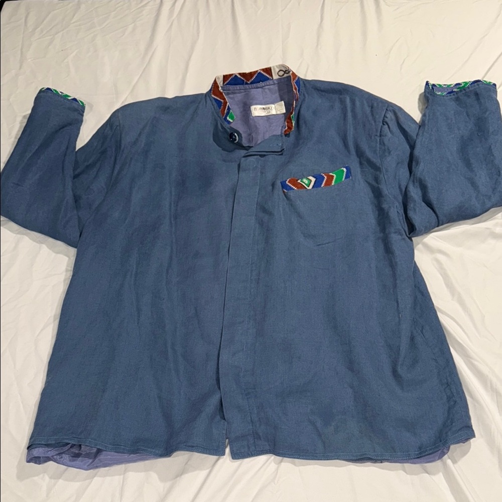 African Tribal Men’s Blue Shirt with Colorful Accents